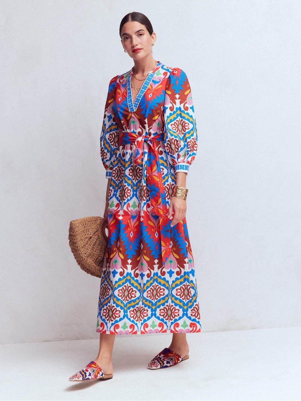 BODEN Octavia Cotton Dress Multi Ikat Dream Long Sleeve Midi Dress Size 2 Petite - Picture 2 of 9